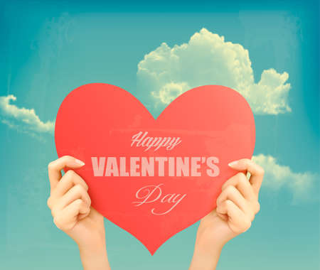 Two hands holding red heart Valentine's day retro background. Vector のイラスト素材