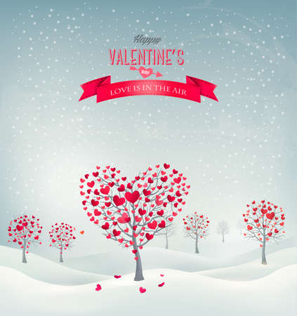 Holiday retro background. Valentine trees with heart-shaped leaves. Vector illustration.のイラスト素材