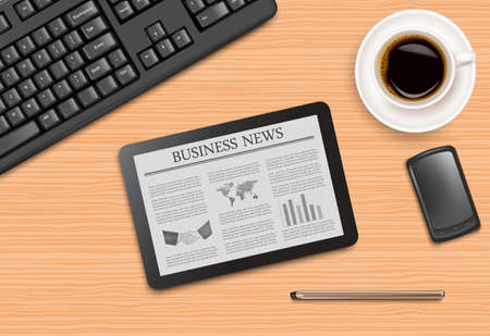 Tablet with news and office supplies laying on the board. Vector. のイラスト素材
