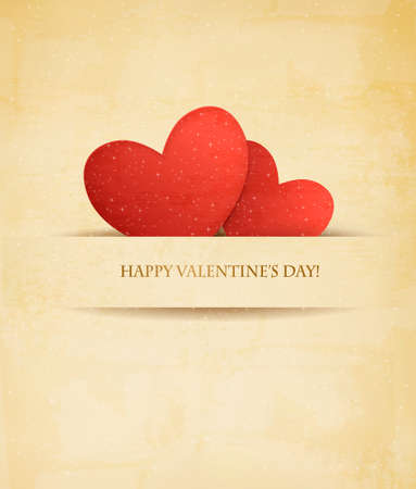 Holiday vintage Valentine`s day background. Two red hearts on old paper. Vector illustration のイラスト素材