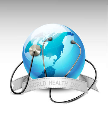 Stethoscope against a globe. World health day. Vector.のイラスト素材