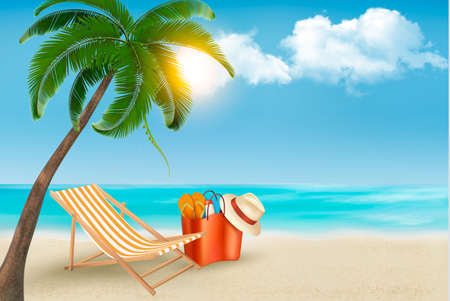 Palm leaves on beach. Vector illustration. のイラスト素材