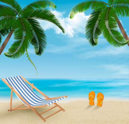 Beach with palm trees and beach chair. Summer vacation concept background. Vector. のイラスト素材