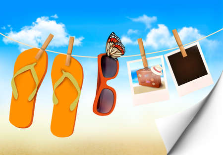 Flip flops, sunglasses and photo cards hanging on a rope. Summer memories background. Vector.のイラスト素材