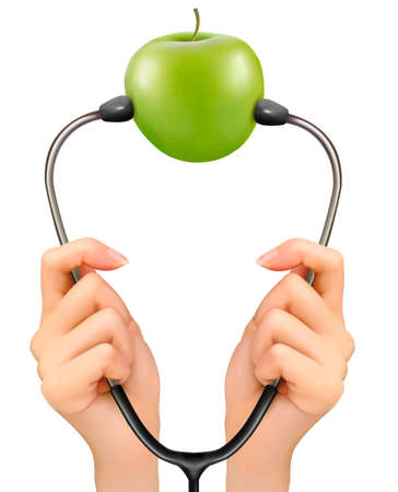 Stethoscope and a green apple. Medical background. Vector のイラスト素材
