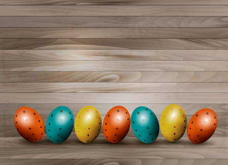 Holiday Easter eggs on wooden background. Vector.のイラスト素材