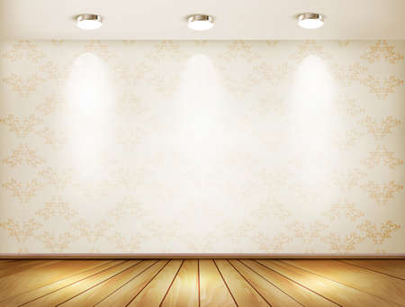 Wall with spotlights and wooden floor. Showroom concept. Vector illustration. のイラスト素材