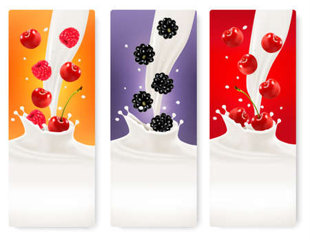 Three berries and milk banners. Vector. のイラスト素材