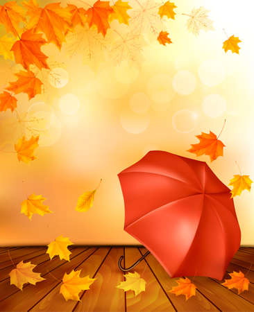 Retro autumn background with colorful leaves and an umbrella. Vector. のイラスト素材