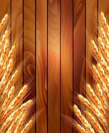 Ears of wheat on wooden background. Vector illustrationのイラスト素材