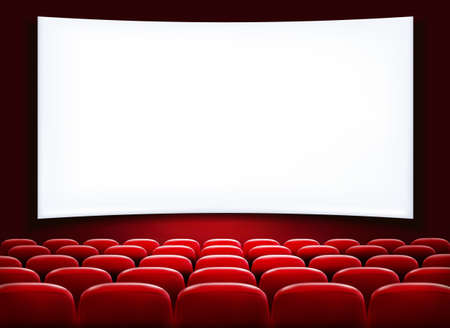 Rows of red cinema or theater seats in front of white blank screen. Vector.のイラスト素材