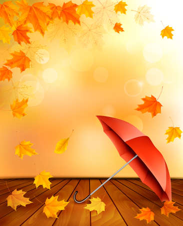 Retro autumn background with colorful leaves and an umbrella. Vector.のイラスト素材