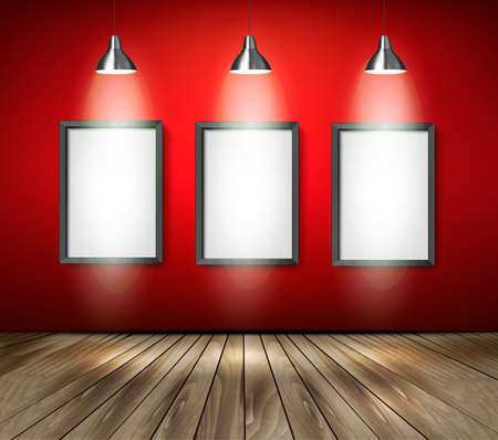 Red room with spotlights and wooden floor. Vector.のイラスト素材