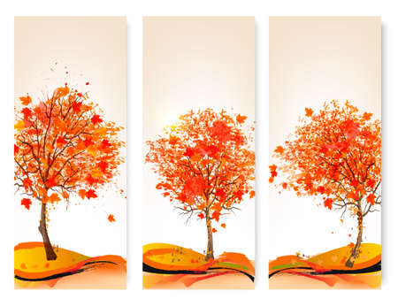 Three autumn abstract banners with colorful leaves and trees.Vector illustration.のイラスト素材