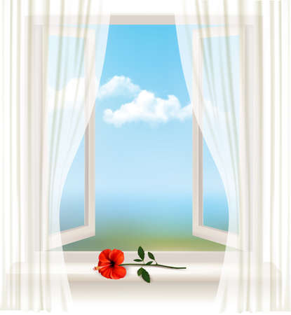 Background with an open window and a red flowerのイラスト素材