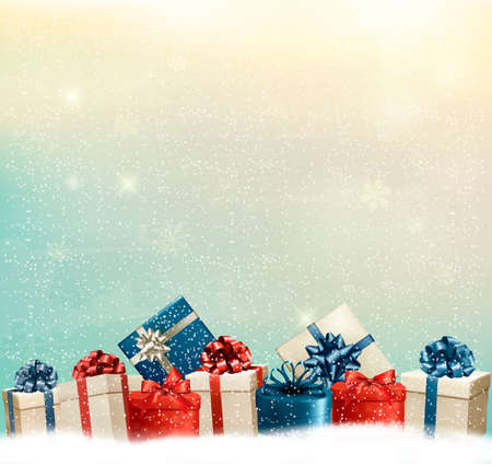 Holiday Christmas background with a border of gift boxes. Vector.のイラスト素材