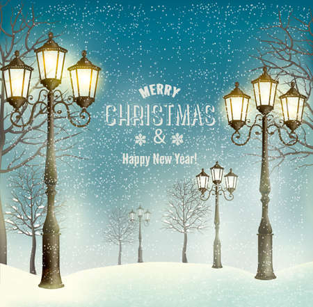 Christmas evening landscape with vintage lampposts. Vector.のイラスト素材