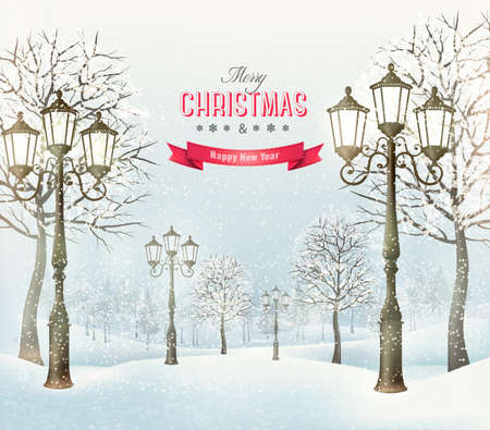 Christmas evening winter landscape with vintage lampposts. Vector.のイラスト素材