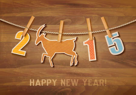 2015 with a goat on wooden background. Vector.のイラスト素材
