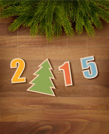 2015 with a Christmas tree on wooden background. Vector.のイラスト素材