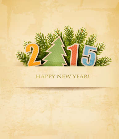 2015 with a Christmas tree on old paper background. Vector.のイラスト素材
