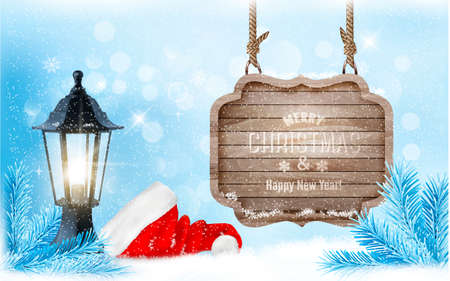 Winter christmas with a sign, lantern and a santa hat background. Vector.のイラスト素材