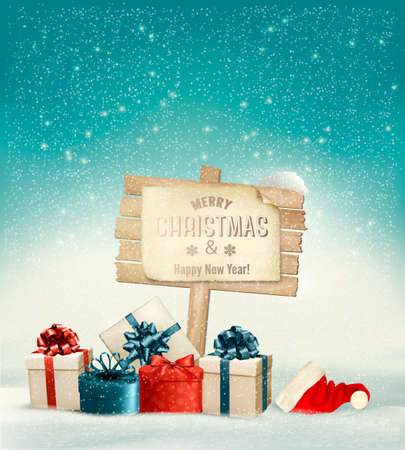 Winter christmas with a sign, gift boxes and a santa hat background. Vector.のイラスト素材