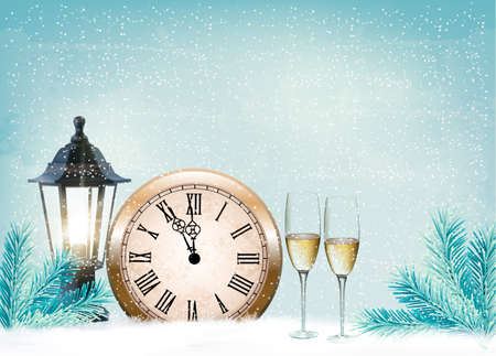 Holiday retro background with champagne glasses and clock . Happy New Year. Vector illustrationのイラスト素材