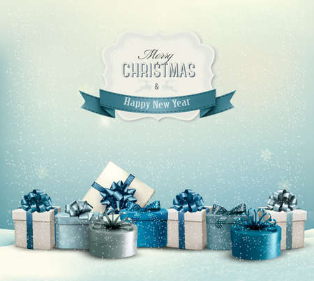 Holiday Christmas background with a border of gift boxes. Vector.のイラスト素材
