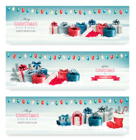 Three Christmas banners with presents. Vector.のイラスト素材