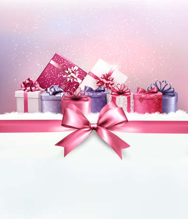 Merry Christmas card with a ribbon and gift boxes. Vector.のイラスト素材