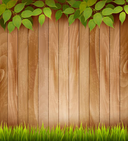 Natural wooden background with leaves and grass. Vector.のイラスト素材