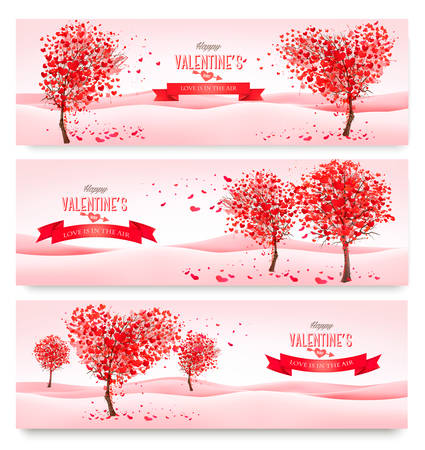 Three Holiday banners. Valentine trees with heart-shaped leaves. Vectorのイラスト素材