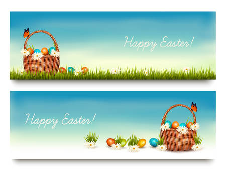 Two Happy Easter banners with easter eggs in a basket. Vector.のイラスト素材