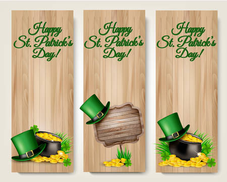 Three Saint Patrick's Day banners with lover leaves, green hat and gold coins in a cauldron. Vector.のイラスト素材