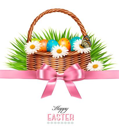 Happy Easter background. Basket with eggs, daisies, grass and a butterfly. Vector.のイラスト素材