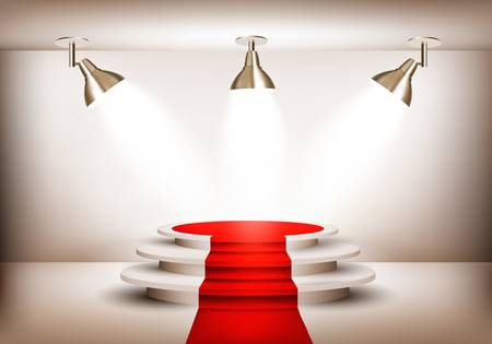 Showroom with red carpet leading to a podium and three lights.のイラスト素材