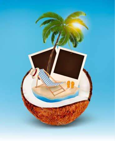 Vacation concept of Palm tree, photos and beach chair in a coconut. のイラスト素材