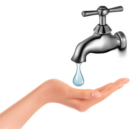 Water tap with drop and hand. Vector illustration.のイラスト素材