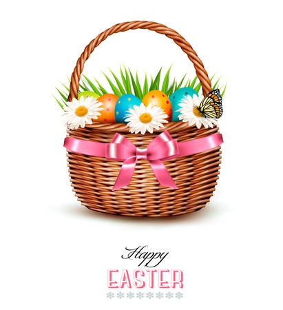 Holiday background with basket full of Easter eggs. Vector.のイラスト素材