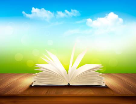 Open book on a wooden deck with green and blue backdrop. Vector.のイラスト素材