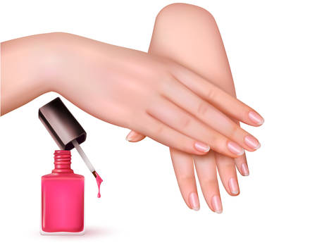 Female young hands with a pink nail polish bottle. Vector.のイラスト素材