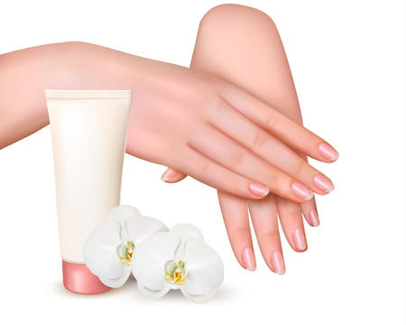 Beautiful young female hands with a cream and orchids. Vector.のイラスト素材
