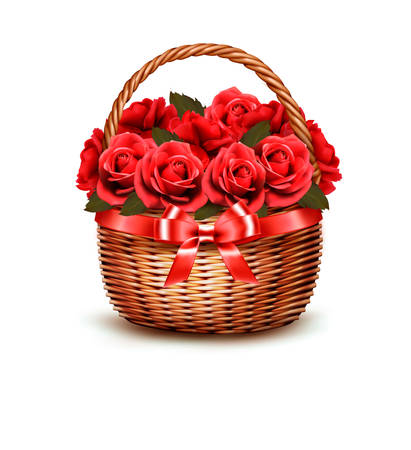 Holiday Background With Basket Full Of Red Roses. Vector.のイラスト素材