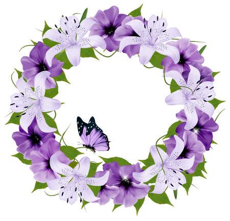 Border Of Colorful Flowers and Butterfly. Vector illustrationのイラスト素材