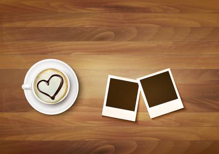 Coffee mug with a heart on a desk and two photos. Vector.のイラスト素材