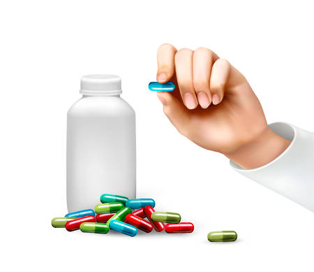 Hand, holding a pill and a bottle of pills. Vector.のイラスト素材