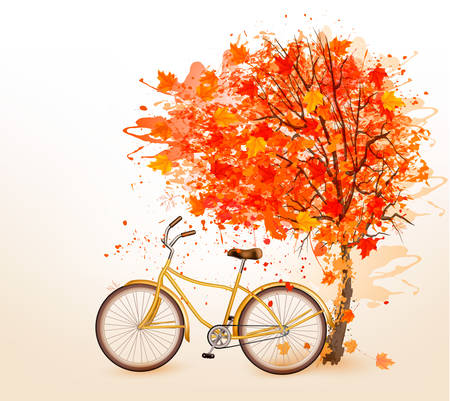 Autumn tree background with a yellow bicycle. Vector.のイラスト素材