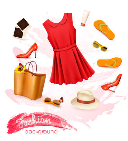 Collage of summer clothing and accessories. Vector.のイラスト素材