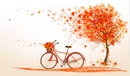 Autumn background with a tree and a bicycle. Vector.のイラスト素材